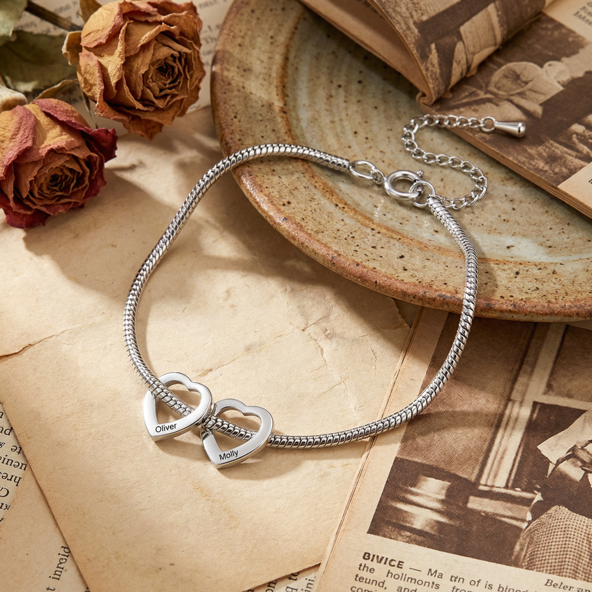 Personalized Mother's Heart Charm Bracelet | Engraved with Multiple Kids' Names | Family Jewelry Gift