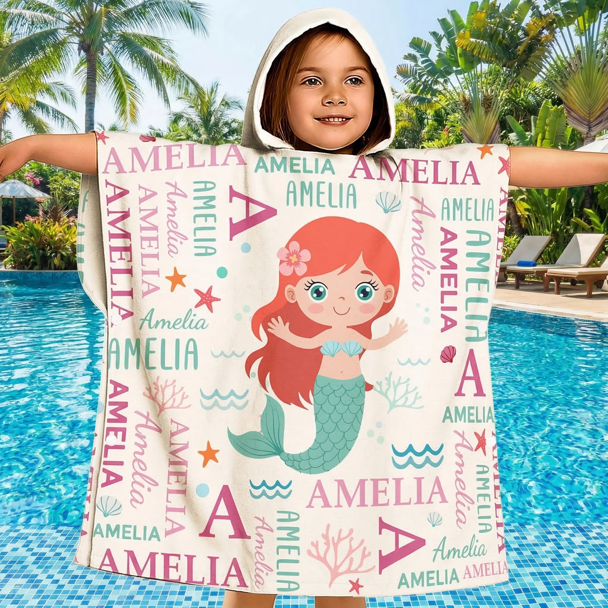 Personalized Kids Hooded Towel with Custom Name - Cute Beachy Bathrobe Towel for Toddler Baby Beach