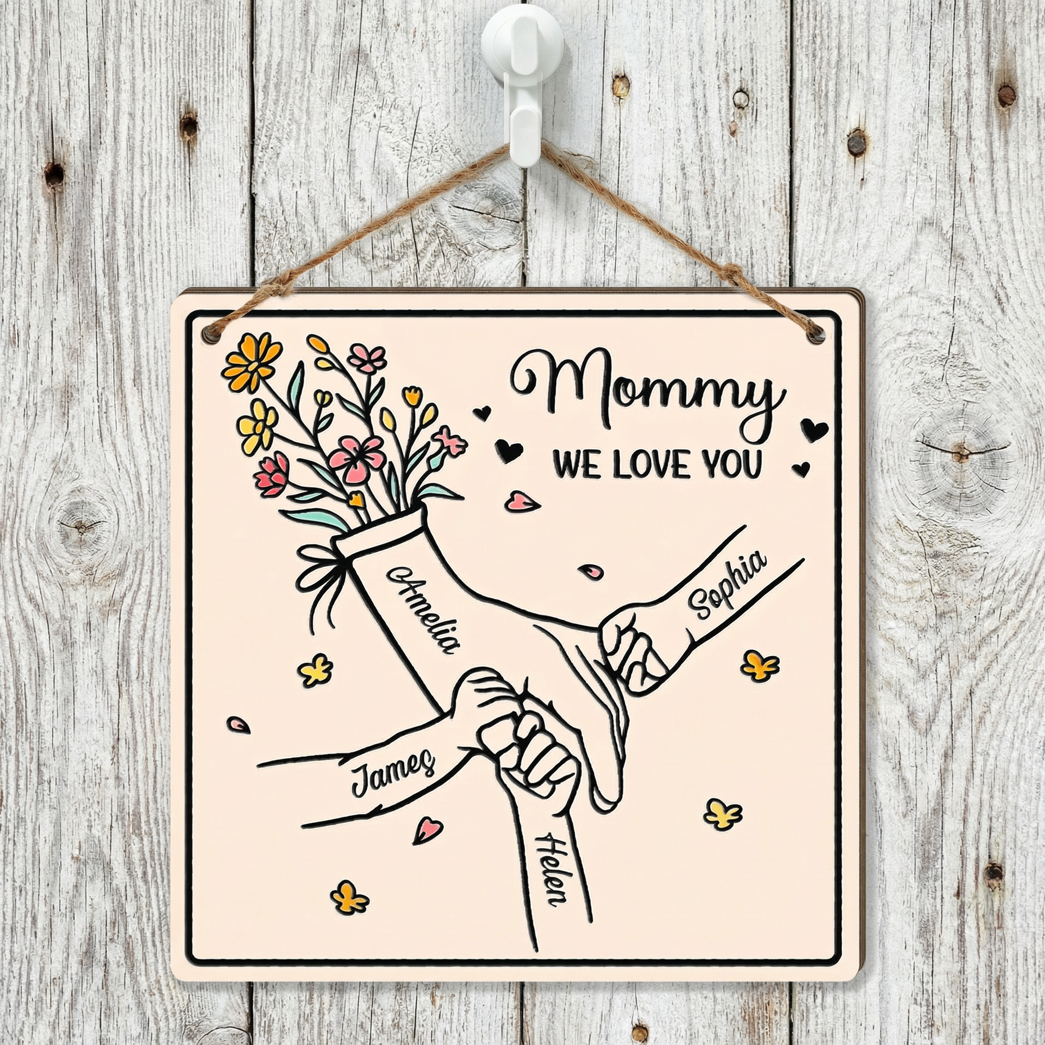 Personalized Mommy Wood Sign - We Love You Hands Holding Design, Mother's Day Gift for Mom Her